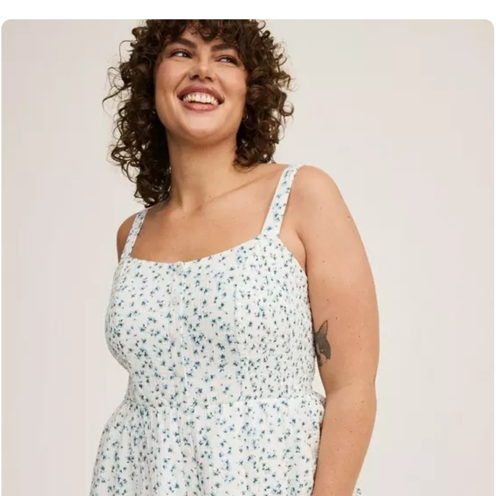 Torrid Midi Crinkle Smocked Detail Button Down Dress.
